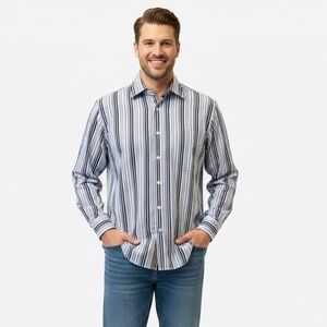 Bugatchi Uomo Flip Collar Cuff Striped Button Down Shirt Blue White Brown L